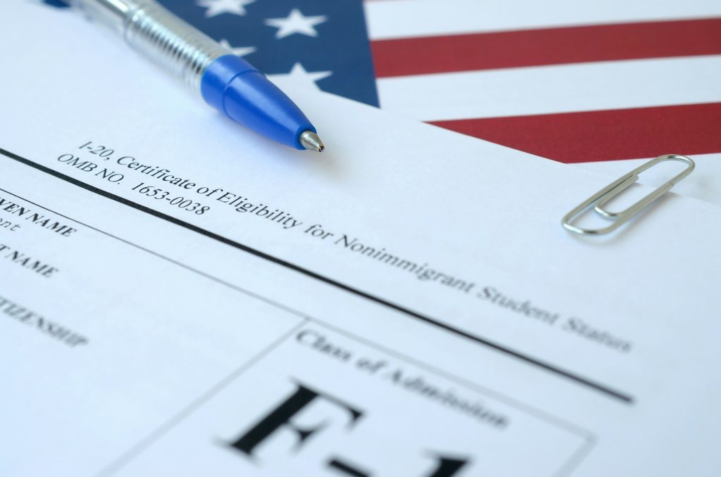 I-20 Certificate of eligibility for nonimmigrant student status blank form lies on United States